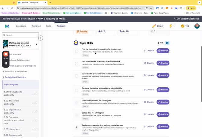 The student topic progress page showing readiness, skills and proficiency status.