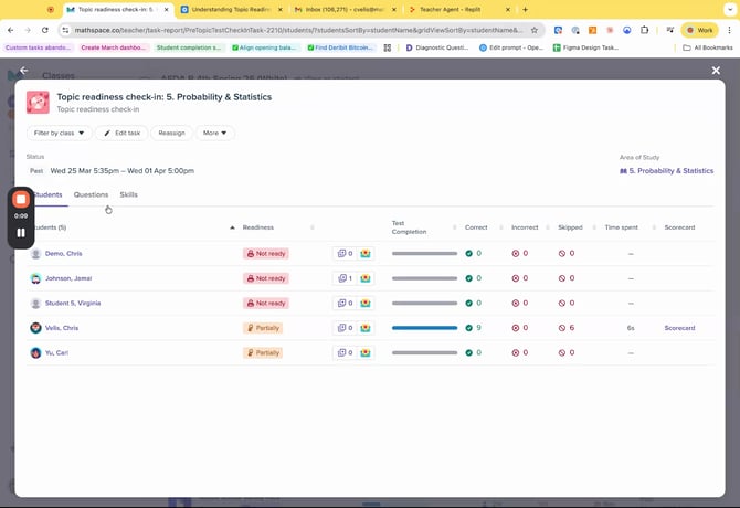 The teacher's topic readiness check-in report — students now see the same skill data on their side.